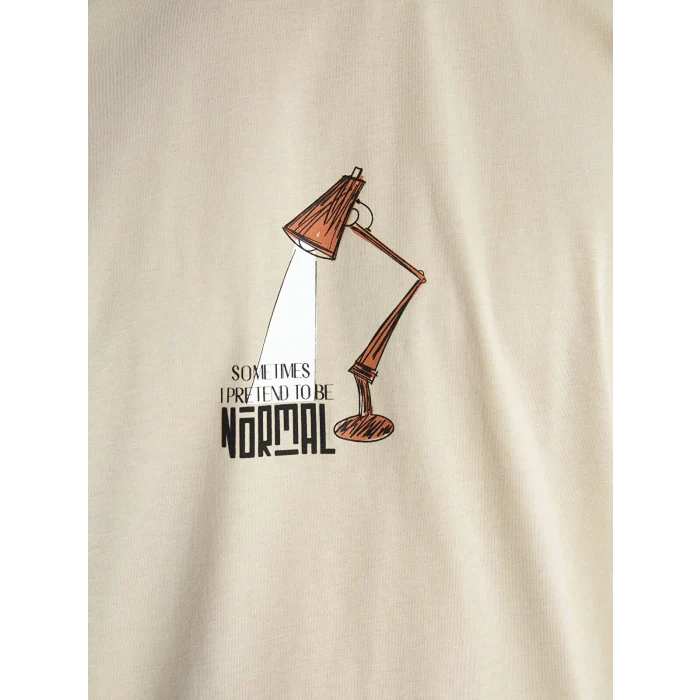 XSIDE Bej Bisiklet Yaka Kısa Kollu Baskılı Penye Erkek Tişört