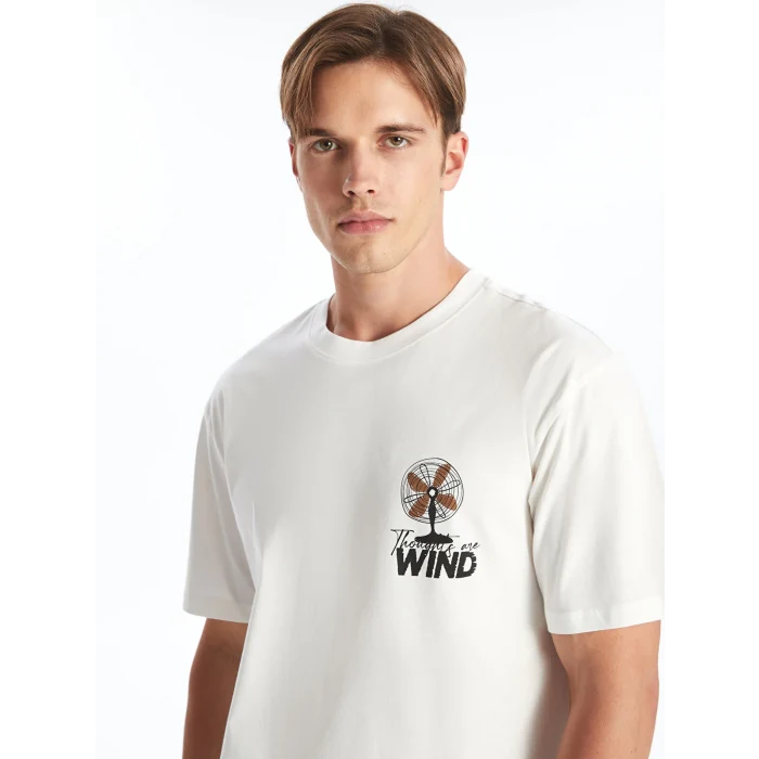 XSIDE Ekru Bisiklet Yaka Kısa Kollu Baskılı Penye Erkek Tişört