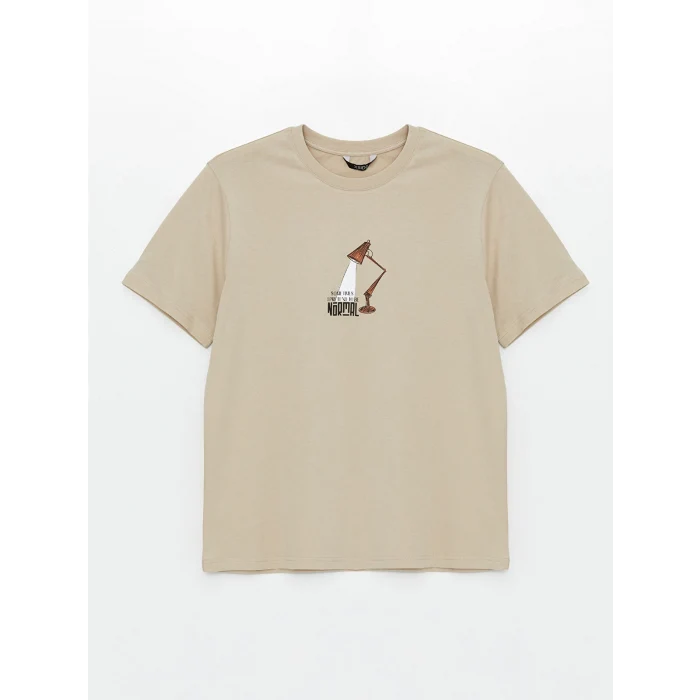 XSIDE Bej Bisiklet Yaka Kısa Kollu Baskılı Penye Erkek Tişört