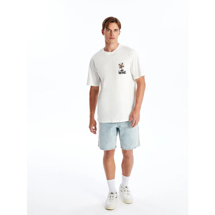 XSIDE Ekru Bisiklet Yaka Kısa Kollu Baskılı Penye Erkek Tişört