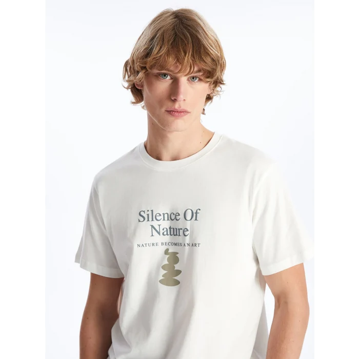 XSIDE Ekru Bisiklet Yaka Kısa Kollu Baskılı Penye Erkek Tişört