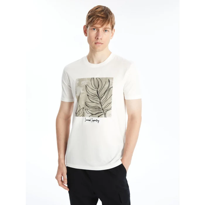 XSIDE Ekru Bisiklet Yaka Kısa Kollu Baskılı Penye Erkek Tişört