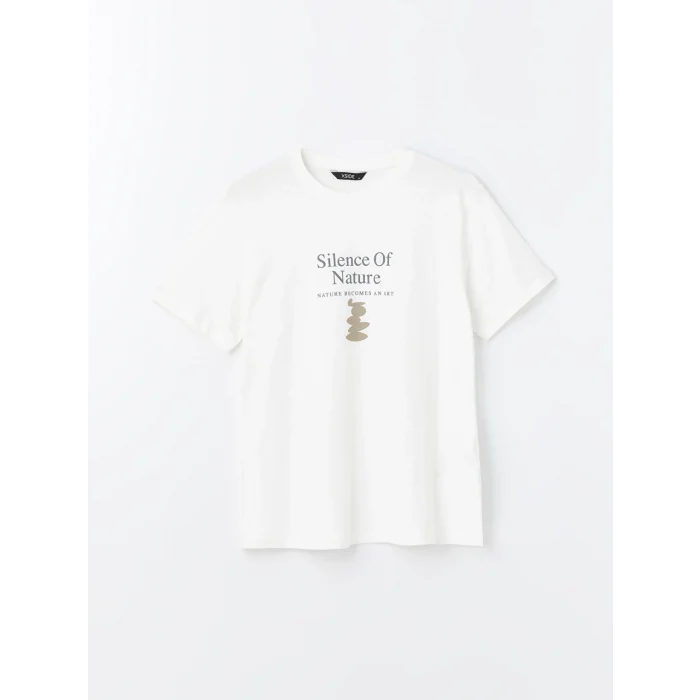 XSIDE Ekru Bisiklet Yaka Kısa Kollu Baskılı Penye Erkek Tişört