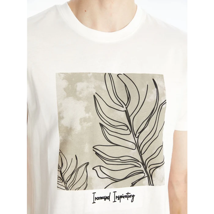 XSIDE Ekru Bisiklet Yaka Kısa Kollu Baskılı Penye Erkek Tişört