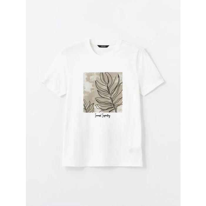 XSIDE Ekru Bisiklet Yaka Kısa Kollu Baskılı Penye Erkek Tişört