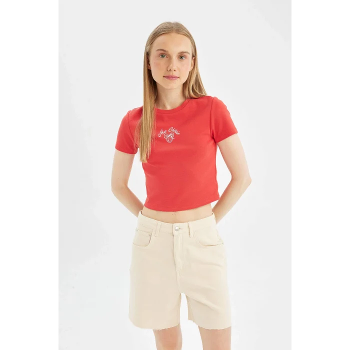 Defacto D3434 Kırmızı Coool Fitted Baskılı Ribana Kısa Kollu Tişört