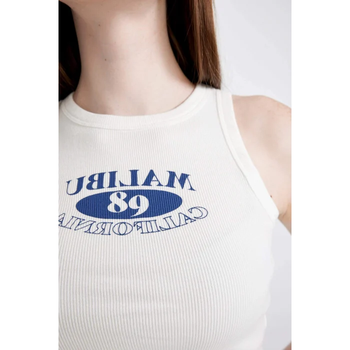 Defacto C9328 Beyaz Fitted Baskılı Bisiklet Yaka Fitilli Kaşkorse Atlet