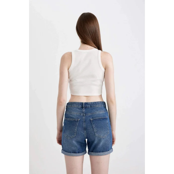 Defacto C9328 Beyaz Fitted Baskılı Bisiklet Yaka Fitilli Kaşkorse Atlet