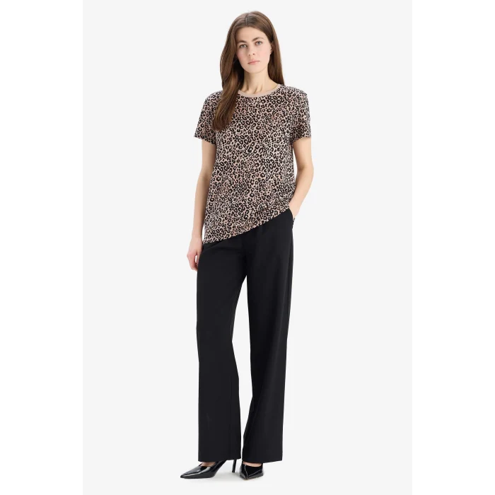 Defacto U1778 Bej Long Fit Bisiklet Yaka Leopar Desenli Penye Kısa Kollu Tişört