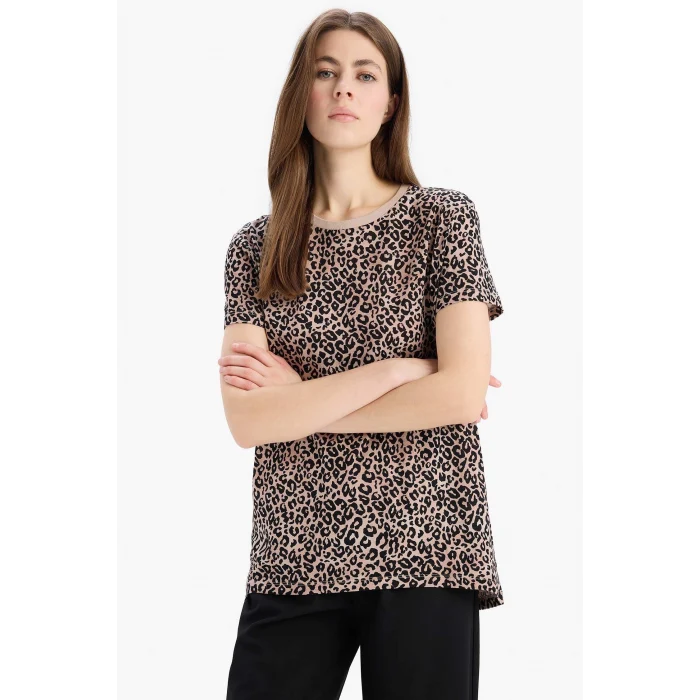 Defacto U1778 Bej Long Fit Bisiklet Yaka Leopar Desenli Penye Kısa Kollu Tişört