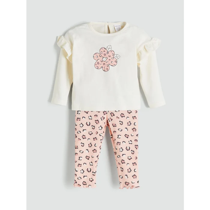 LCW baby Ekru Bisiklet Yaka Çiçek Desenli Kız Bebek Bluz ve Tayt 2li Takım