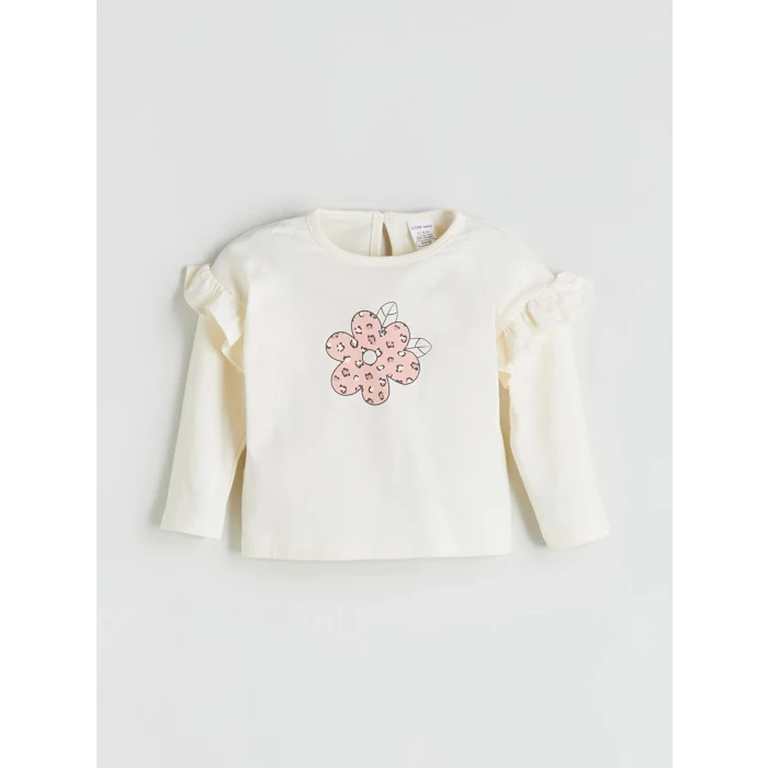 LCW baby Ekru Bisiklet Yaka Çiçek Desenli Kız Bebek Bluz ve Tayt 2li Takım