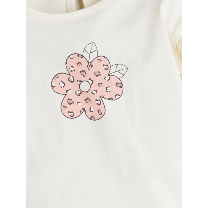 LCW baby Ekru Bisiklet Yaka Çiçek Desenli Kız Bebek Bluz ve Tayt 2li Takım