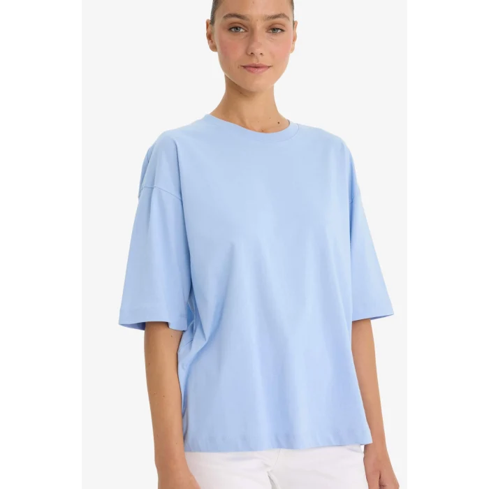 Defacto C0099 Mavi Oversize Geniş Kalıp Bisiklet Yaka Basic Düz Penye Kısa Kollu Tişört