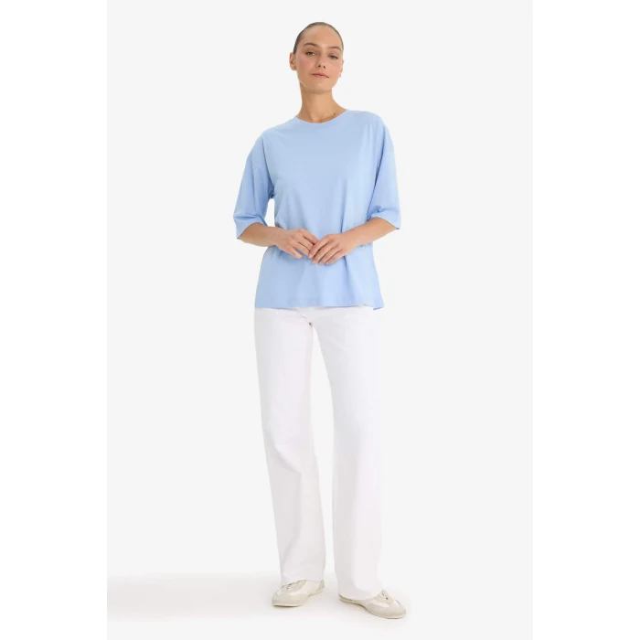 Defacto C0099 Mavi Oversize Geniş Kalıp Bisiklet Yaka Basic Düz Penye Kısa Kollu Tişört