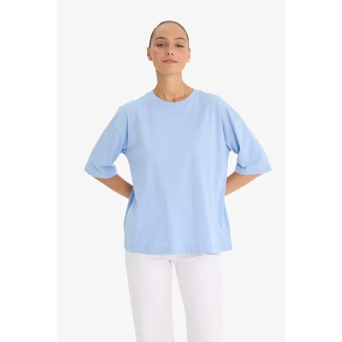 Defacto C0099 Mavi Oversize Geniş Kalıp Bisiklet Yaka Basic Düz Penye Kısa Kollu Tişört