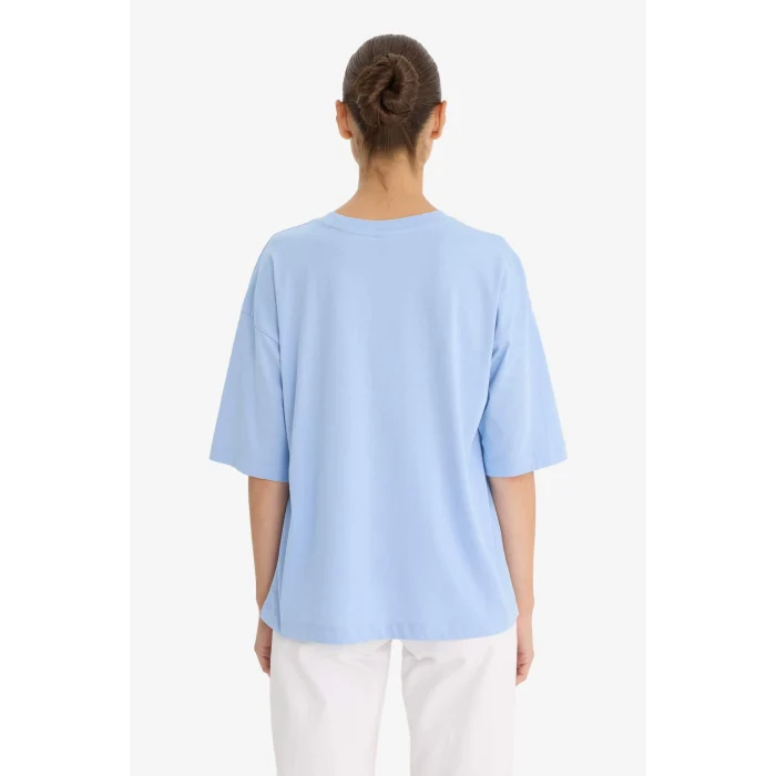 Defacto C0099 Mavi Oversize Geniş Kalıp Bisiklet Yaka Basic Düz Penye Kısa Kollu Tişört