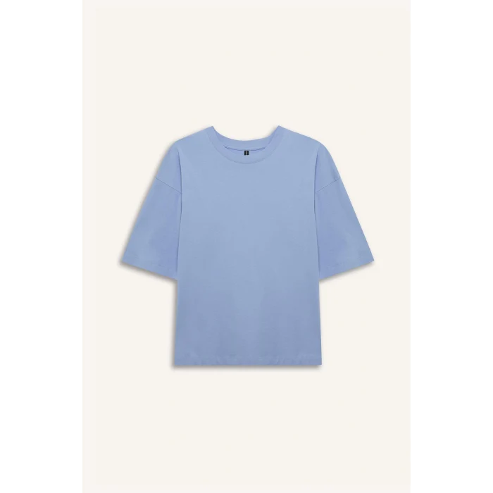 Defacto C0099 Mavi Oversize Geniş Kalıp Bisiklet Yaka Basic Düz Penye Kısa Kollu Tişört