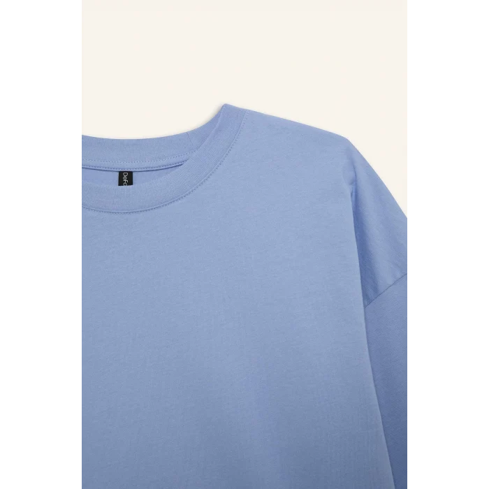 Defacto C0099 Mavi Oversize Geniş Kalıp Bisiklet Yaka Basic Düz Penye Kısa Kollu Tişört