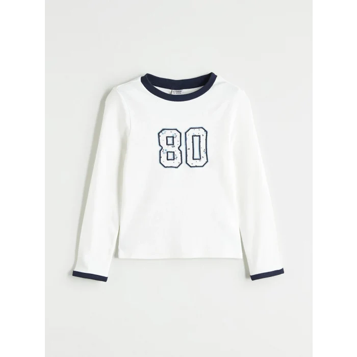 LCW Kids Ekru Bisiklet Yaka Baskılı Kız Çocuk Tişört