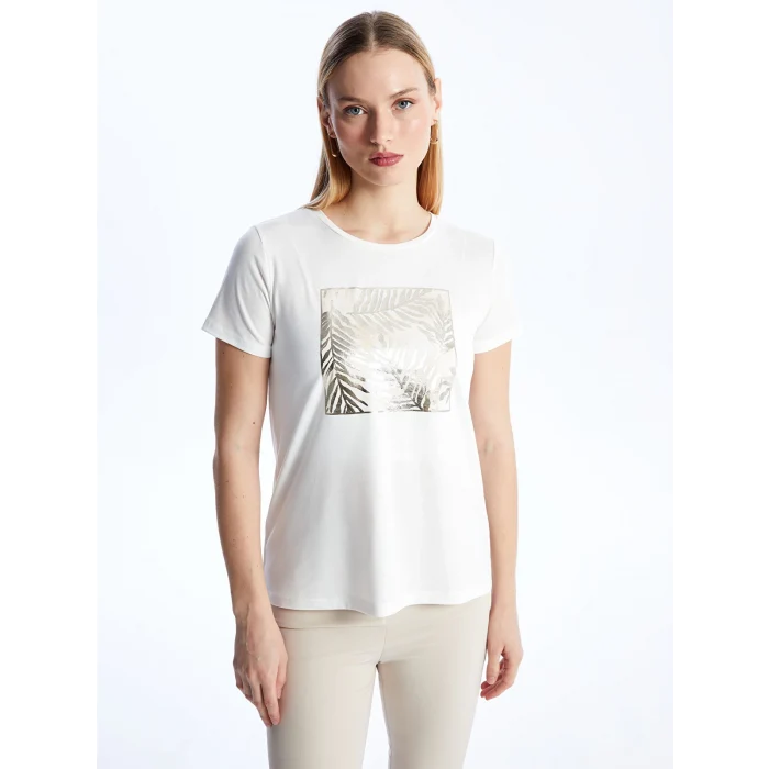 LCWAIKIKI Basic Ekru Bisiklet Yaka Baskılı Kısa Kollu Kadın Tişört