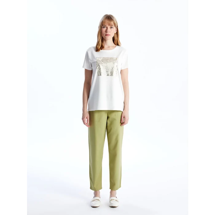 LCWAIKIKI Basic Ekru Bisiklet Yaka Baskılı Kısa Kollu Kadın Tişört