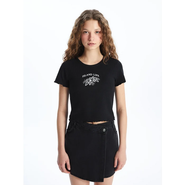 XSIDE Siyah Bisiklet Yaka Nakışlı Kısa Kollu Kadın Tişört