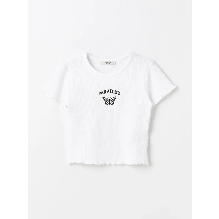 XSIDE Beyaz Bisiklet Yaka Nakışlı Kısa Kollu Kadın Tişört