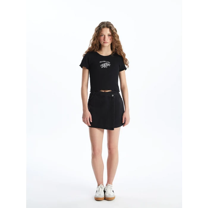 XSIDE Siyah Bisiklet Yaka Nakışlı Kısa Kollu Kadın Tişört