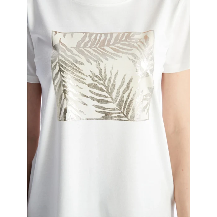 LCWAIKIKI Basic Ekru Bisiklet Yaka Baskılı Kısa Kollu Kadın Tişört