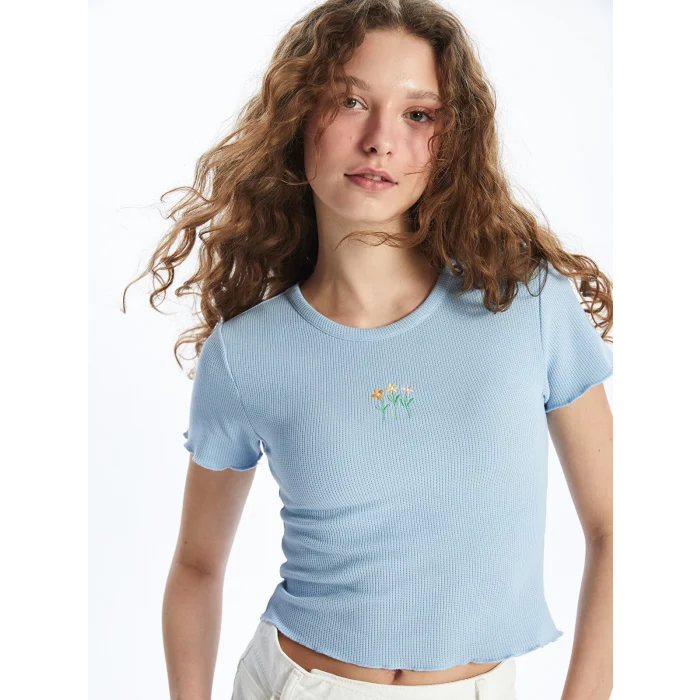 XSIDE Mavi Bisiklet Yaka Nakışlı Kısa Kollu Kadın Tişört