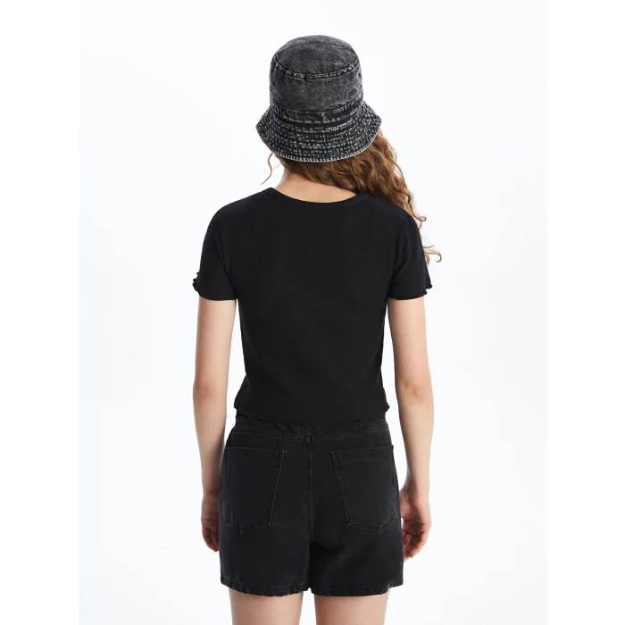 XSIDE Siyah Bisiklet Yaka Nakışlı Kısa Kollu Kadın Tişört