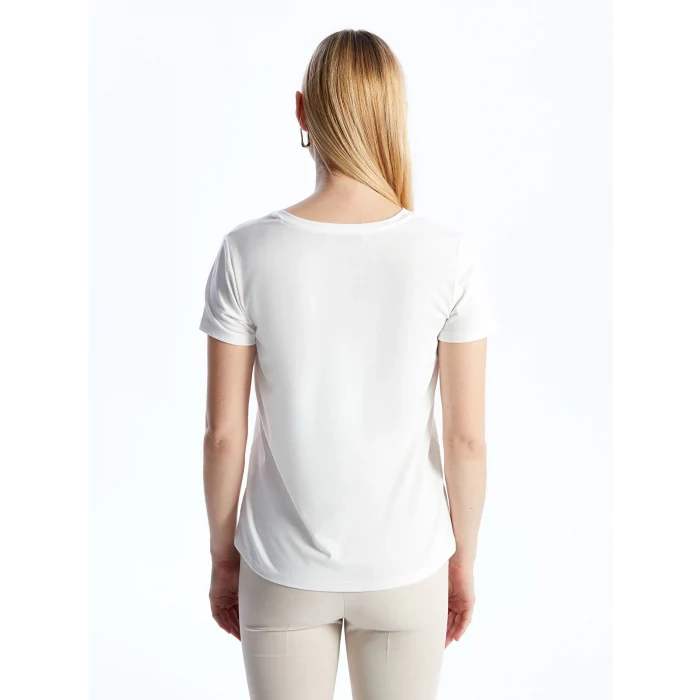 LCWAIKIKI Basic Ekru Bisiklet Yaka Baskılı Kısa Kollu Kadın Tişört