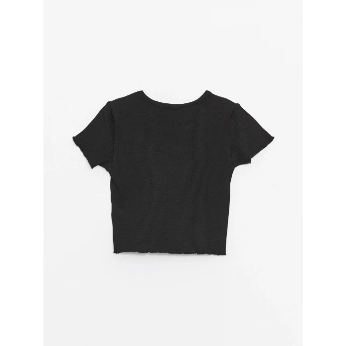 XSIDE Siyah Bisiklet Yaka Nakışlı Kısa Kollu Kadın Tişört