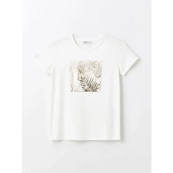 LCWAIKIKI Basic Ekru Bisiklet Yaka Baskılı Kısa Kollu Kadın Tişört