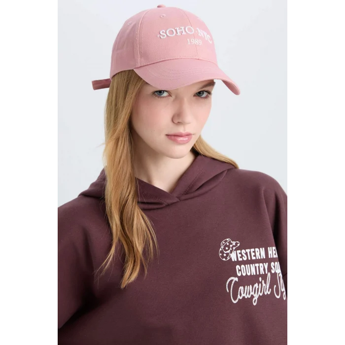 Defacto D9477 Pembe Kadın Etiket Baskılı Dokuma Beyzbol Basketbol Şapkası