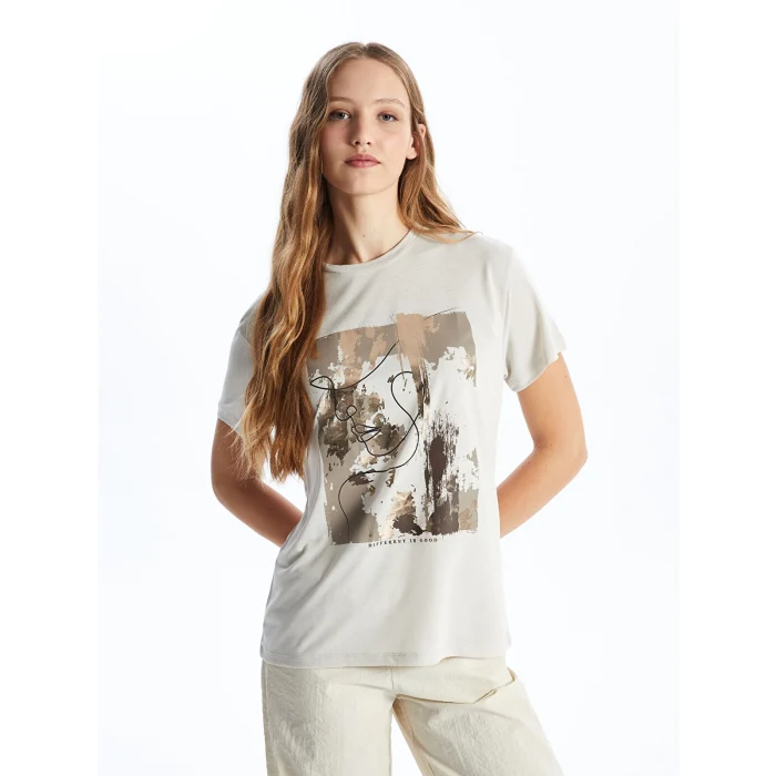 LCW Vision Gri Bisiklet Yaka Baskılı Kısa Kollu Kadın Tişört