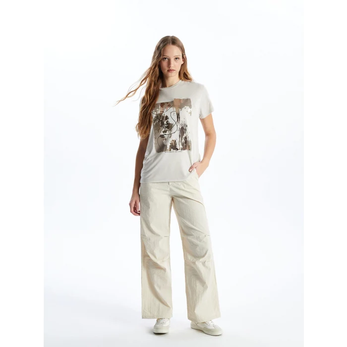 LCW Vision Gri Bisiklet Yaka Baskılı Kısa Kollu Kadın Tişört