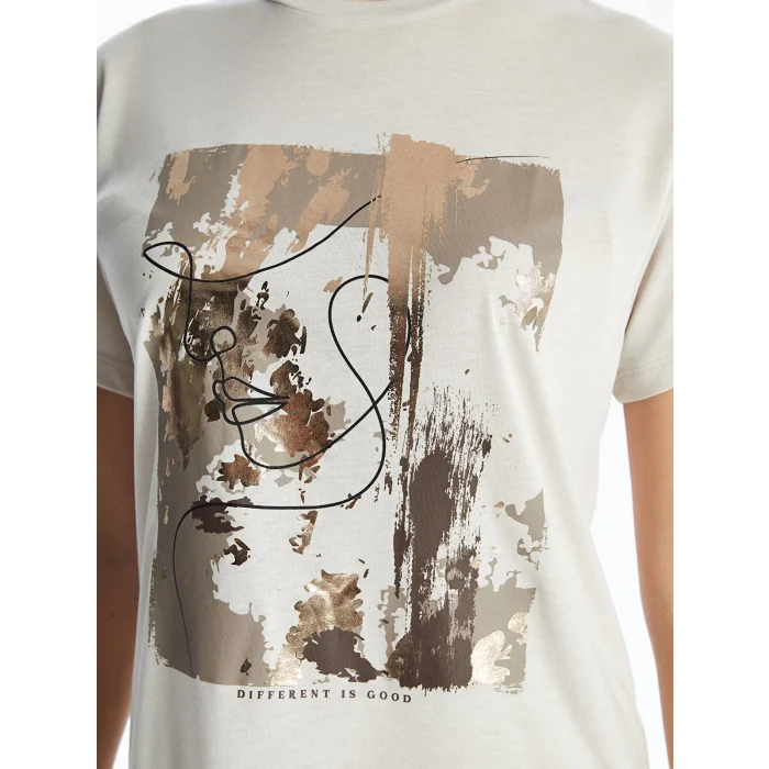 LCW Vision Gri Bisiklet Yaka Baskılı Kısa Kollu Kadın Tişört