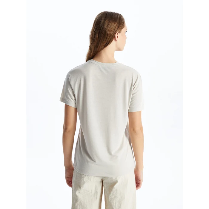 LCW Vision Gri Bisiklet Yaka Baskılı Kısa Kollu Kadın Tişört