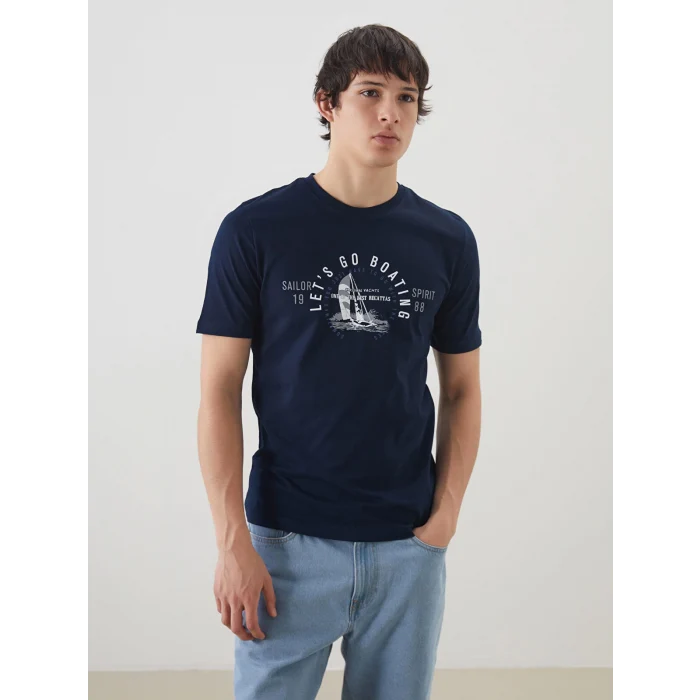 XSIDE Lacivert Bisiklet Yaka Baskılı Penye Erkek Tişört