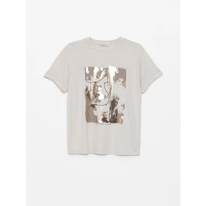 LCW Vision Gri Bisiklet Yaka Baskılı Kısa Kollu Kadın Tişört