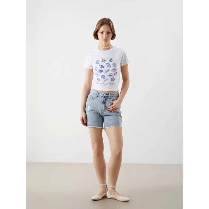 XSIDE Mavi Dar Fit Yırtık Detaylı Kadın Jean Şort