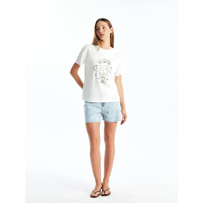 LCW Vision Ekru Bisiklet Yaka Baskılı Kısa Kollu Kadın Tişört