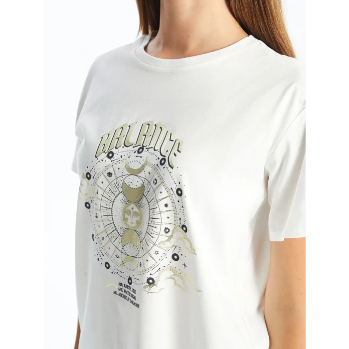 LCW Vision Ekru Bisiklet Yaka Baskılı Kısa Kollu Kadın Tişört