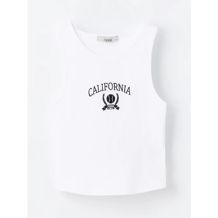 XSIDE ACTIVE Beyaz Bisiklet Yaka Nakışlı Kadın Crop