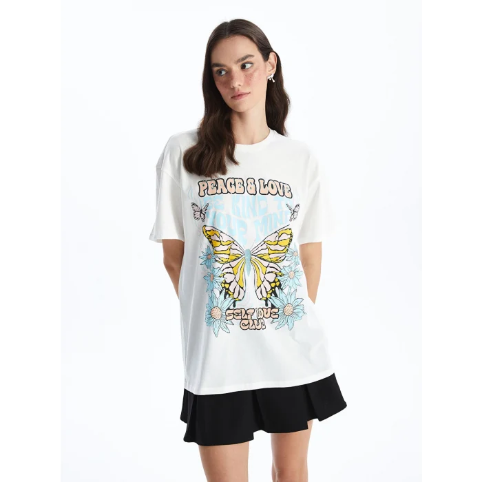 XSIDE Ekru Bisiklet Yaka Baskılı Kısa Kollu Kadın Tişört