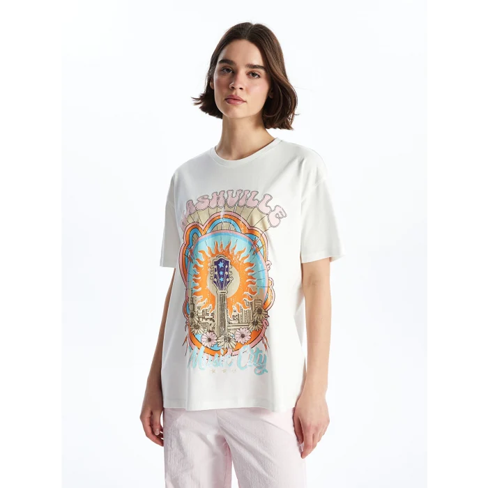 XSIDE Ekru Bisiklet Yaka Baskılı Kısa Kollu Kadın Tişört