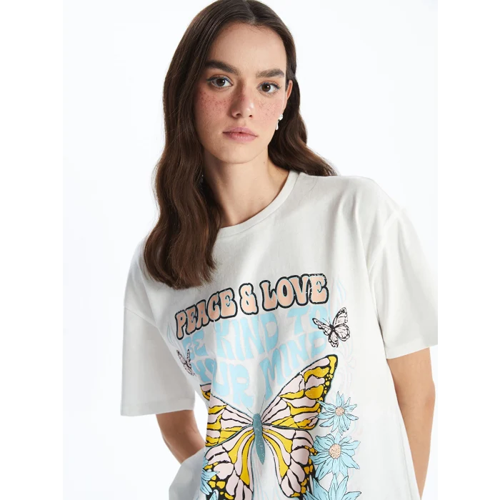 XSIDE Ekru Bisiklet Yaka Baskılı Kısa Kollu Kadın Tişört