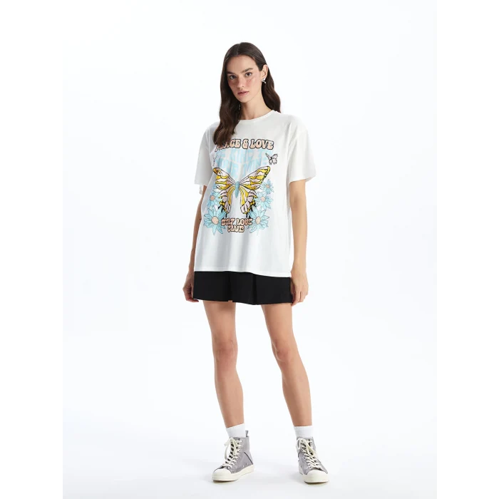 XSIDE Ekru Bisiklet Yaka Baskılı Kısa Kollu Kadın Tişört